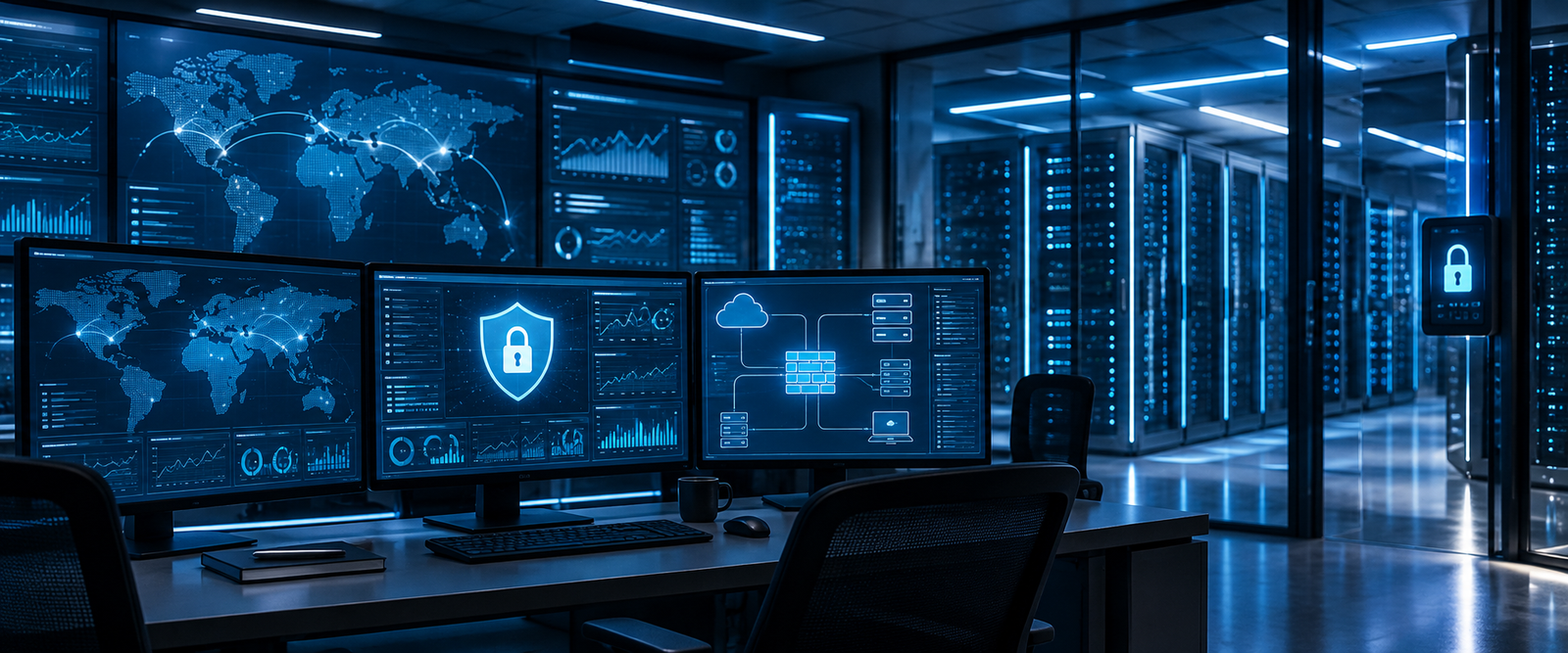 Cybersecurity infrastructure consultant monitoring firewall VPN and secure business systems